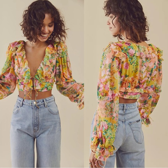 NWT For Love And Lemons Nina Top Crop Floral Long Sleeve XS - Picture 1 of 7